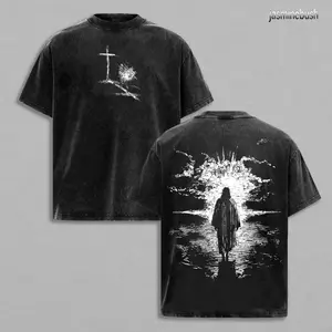 Classic Menswear Short-Sleeve Jesus Walking On Water Christian Graphic T-Shirt - Acid Wash, Oversized, Vintage Heavyweight Cotton, Faithcore Streetwear, Religious Cross, Bible Verse Worship Apparel, Loose Fit Casual Summer Top