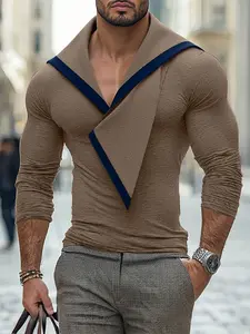 INCERUN Men's Fashion Casual Long Sleeve Patchwork Striped T-Shirt, Irregular Collar Design, Perfect for Daily Wear, Comfortable and Stylish, Top