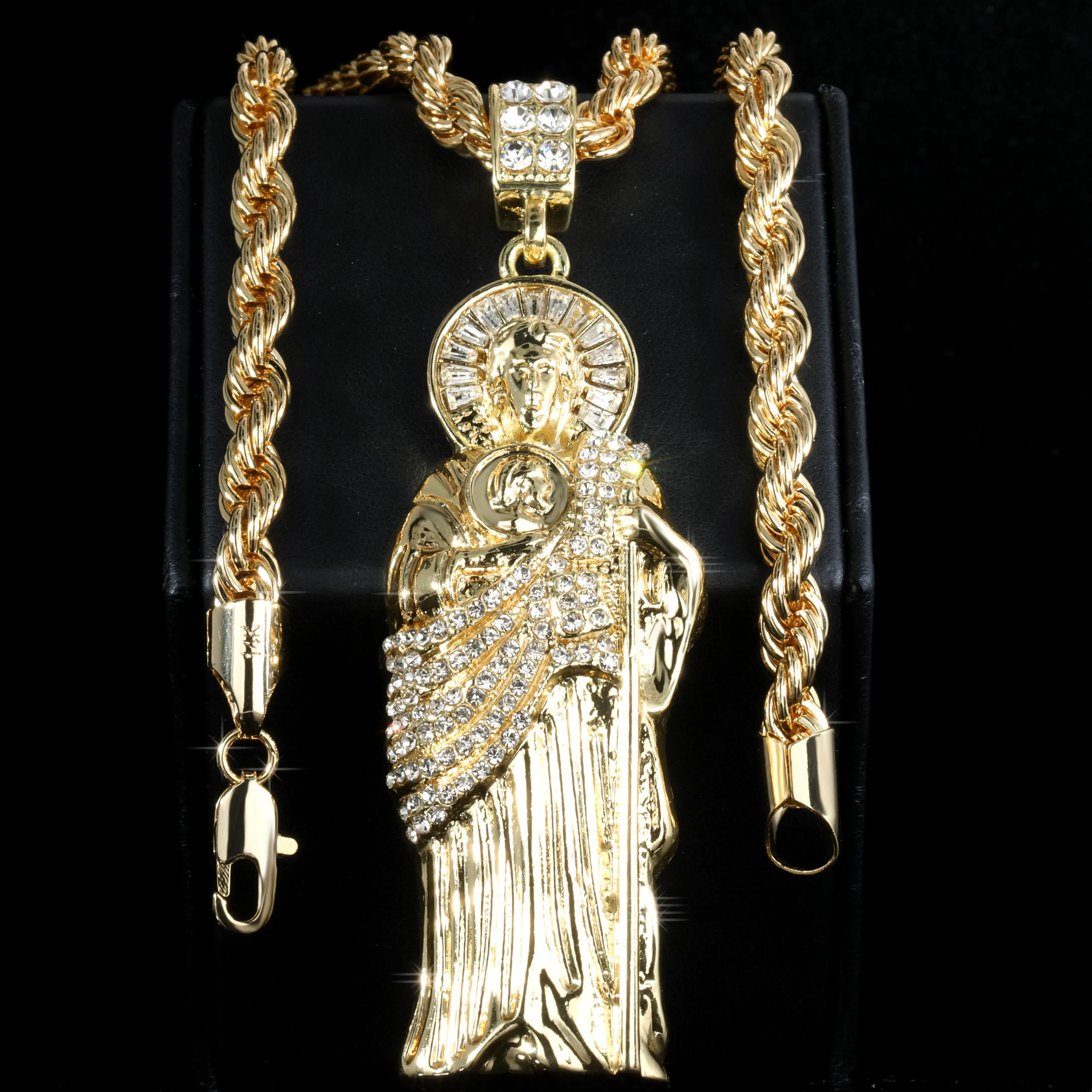 San Judas Necklace | 14k Rope Chain 6mm - 20" 24" & 30" Inch Iced Halo Juditas Tadeo Men's Fashion Jewelry