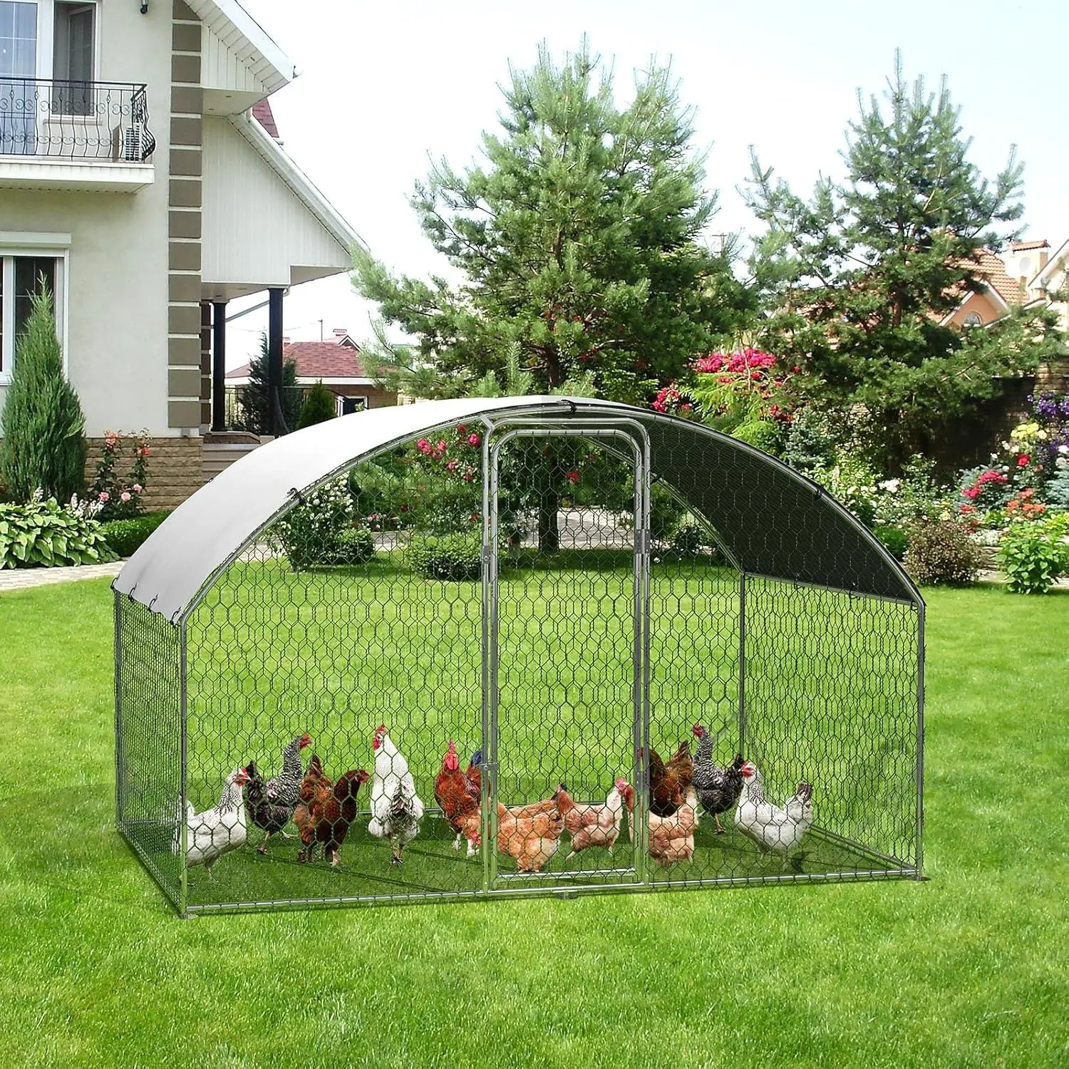 Large Metal Chicken Coop Walk in Poultry Cage Chicken Run Pen with Waterproof Oxford Roof and PVC Hex Mesh Fencing for Chickens Ducks Rabbits Quails Feeding Door Design-6FT