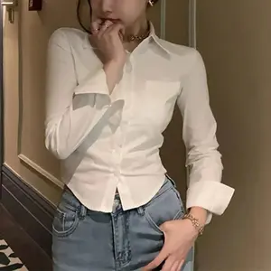 Korean White Office Women Chiffon Shirt Pocket Button Lapel Ladies Blouse Spring Commuter Long Sleeve New Female Crop Tops Womenswear Comfort Light Soft Day Elegant Fashion Overall Pants Skirt Suit Traditional Basic Blue