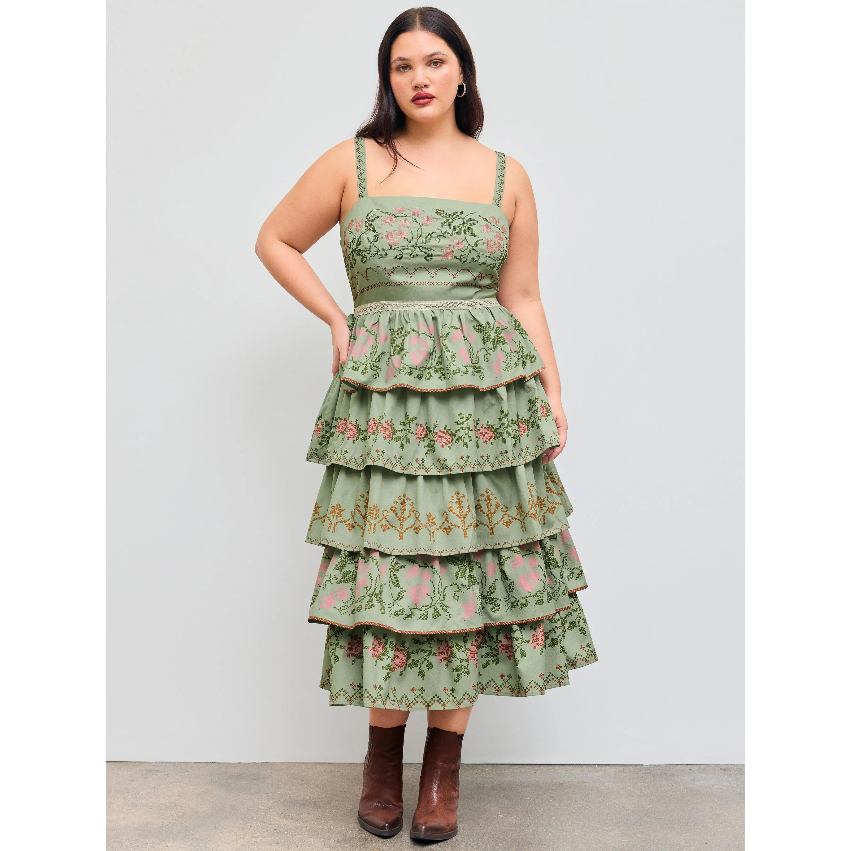 cider green floral dress Cider + Mesh Square Neck Floral Dress Curve Plus
