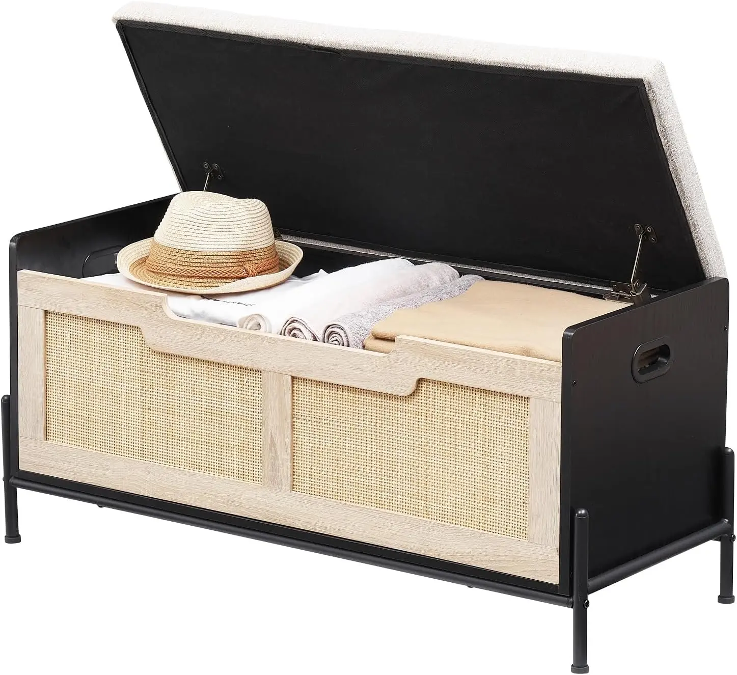 39.4" Modern Oak Wood Rectangle Entryway Bench with Cushion - Black Rattan, 2 Safety Hinges, Trunk, Shoe Holder, Side Handles, Assembly Required - Indoor Furniture for Entryway, Living Room, Rattan Weave