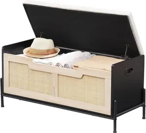 39.4" Storage Benches Rattan Entryway Bench with Cushion, 2 Safety Hinges, Storage Trunk, Shoe Bench Storage Chest for Entryway, Living Room, Bedroom, Oak & Black Outdoor Wicker Furniture Patio Furniture