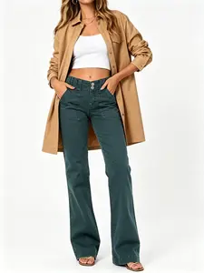 Women's Green Denim Cargo Straight Leg Jeans Casual Long Pants With Slight Stretch For A ChicLook  