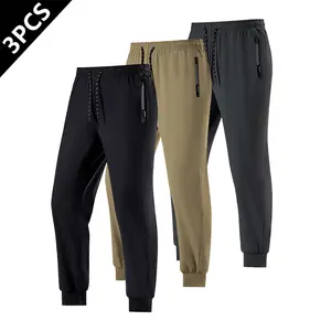 Men's Stretchy Loose Athletic Casual Jogger Pants 3-Pack - Menswear Set with Zippered Pockets, Cuffed Ankles, Suitable for Outdoor Activities & Everyday Wear