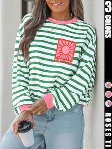 Ladies' autumn single piece casual style comfortable and simple colorful striped long sleeved Crewneck sweatshirt