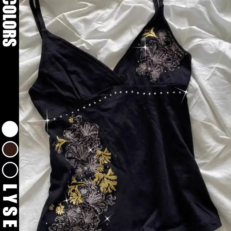 New Summer and Spring Y2K Style Print Rhinestone Fitted Slimming Top, Trendy Sexy Cami Vest Camisole Tank for Women