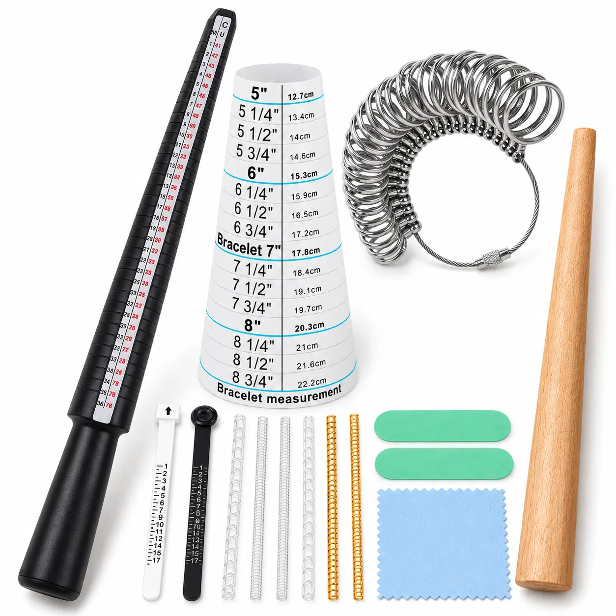 Ring & Bracelet Sizing Tool Kit with Ring Mandrel, Bracelet Sizer Cone, Metal Ring Gauge, Finger Sizer Belts & Ring Adjusters