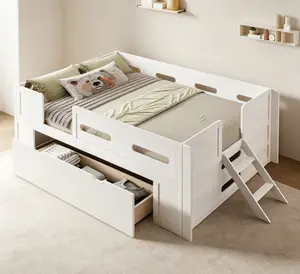 Wood Twin / Full Size Platform Bed with Guardrail and Drawer