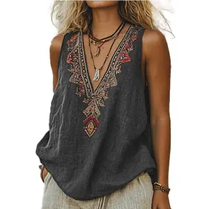 Chvity Mexican Embroidered Tops for Women Summer Floral Sleeveless Boho Tops Casual V Neck Peasant Blouse Loose Tank Tops Vneck Womenswear