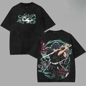Muichirou Tokito Demon Slayer Graphic Tee – Mist Hashira v5 Anime Shirt, Double-Printed Acid-Washed 90s Vintage Top, Distressed Unisex Menswear Streetwear for Casual, Party, Convention, and Anime Fans