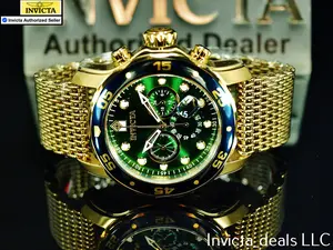 Invicta Men's 48mm PRO DIVER Scuba Chronograph GREEN DIAL Gold Tone Mesh Bracelet Stainless Steel Watch