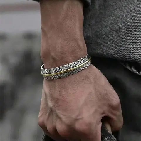 Men's Vintage Feather Design Cuff Bangle, Fashionable Adjustable Bangle for Men, Guys, Trendy All-match & Exquisite Jewelry for Birthday Gift, Jewellery, Accessories