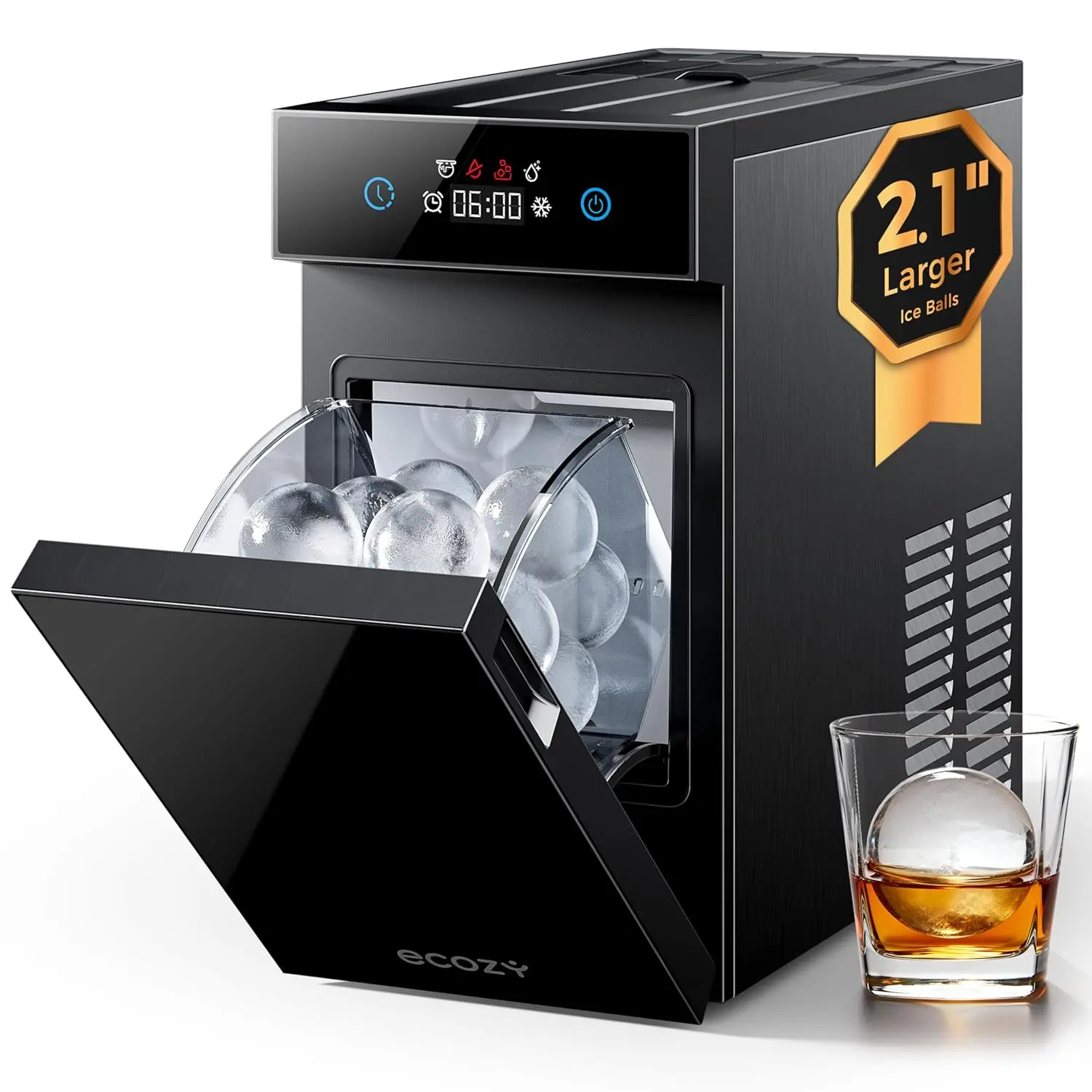ecozy 2.1" Clear Ice Ball Maker Countertop, Minimal Footprint Sphere Ice Maker with CrystalFlux Technology, 8H Timer, 1 pc in 30 Mins, 48 pcs/Day, Self-Cleaning Round Ice Machine for Home Bar Whiskey, Bourbon,