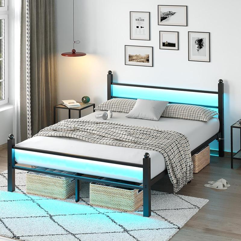 CollaredEagle Twin/Full Bed Frame with Headboard and Footboard,Steel Slats Support-LED Bed Frame with USB Charging Station,Mattress Foundation-Under Bed Storage,No Box Spring Needed,Noise Free.