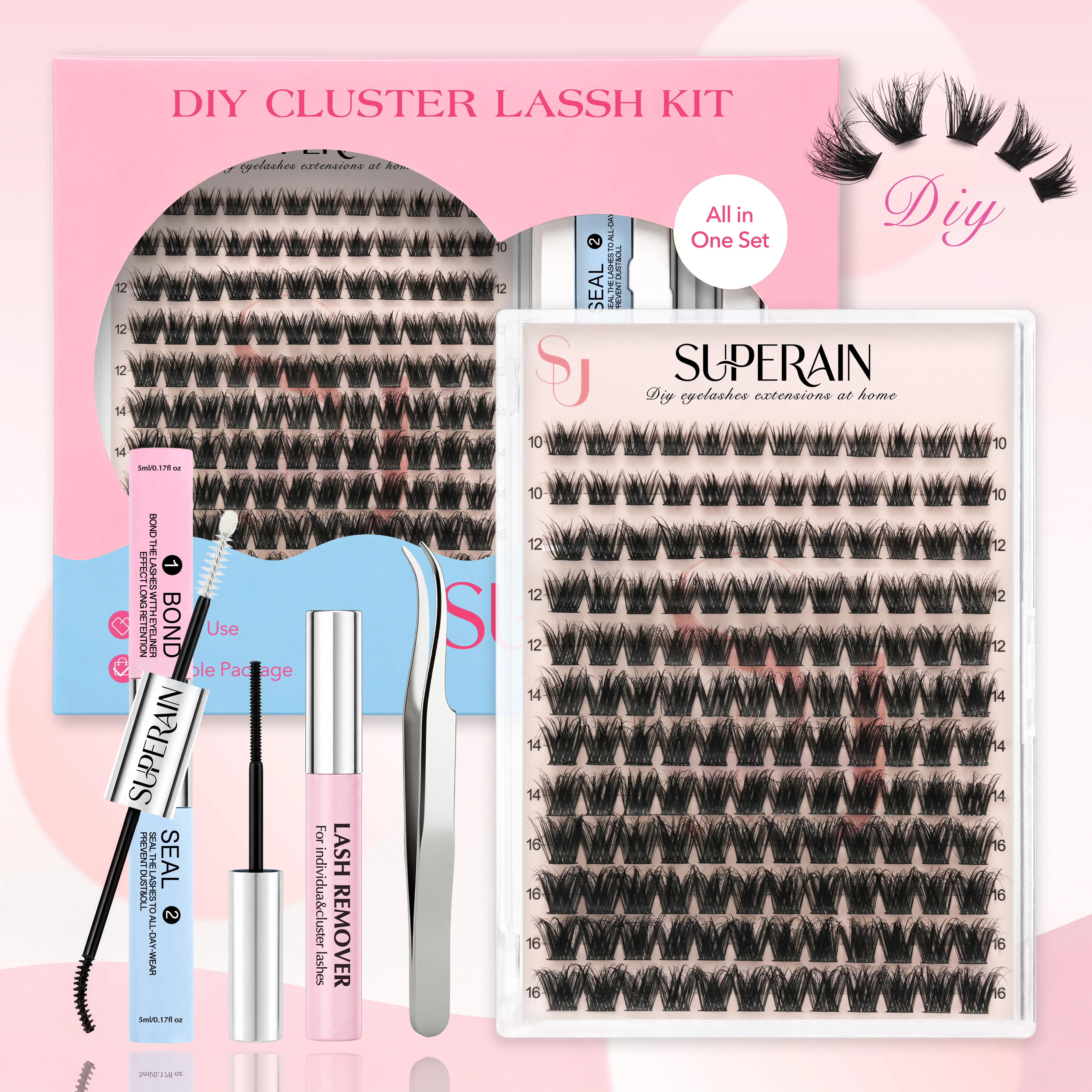 SUPERAIN DIY Lash Clusters Kit | Soft Fluffy Long-Lasting Lashes | Ultra-Dense, Waterproof, All-Day Hold | Easy D-Curl DIY for Beginners | Get Flawless Salon Extensions at Home | Suitable for Various Makeup Styles Eyelashes Makeup