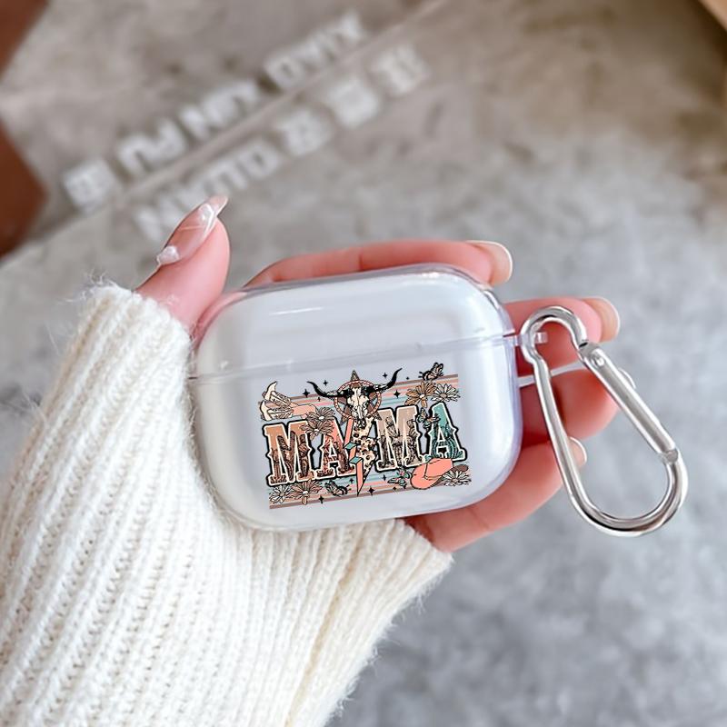 Western MAMA Pattern TPU Soft Protective Case for Apple AirPods 4/3/2/1/Pro/Pro2 Transparent Earphone Cover with Keychain Attachment