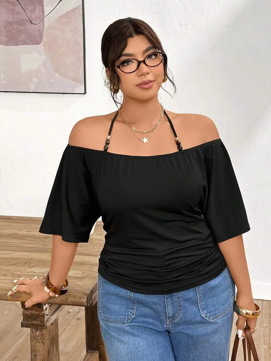 Plus Size Women's Off Shoulder Black T-Shirt With Beaded Tie Design Top Curve Summer Tops Curvy Solid Color For Women