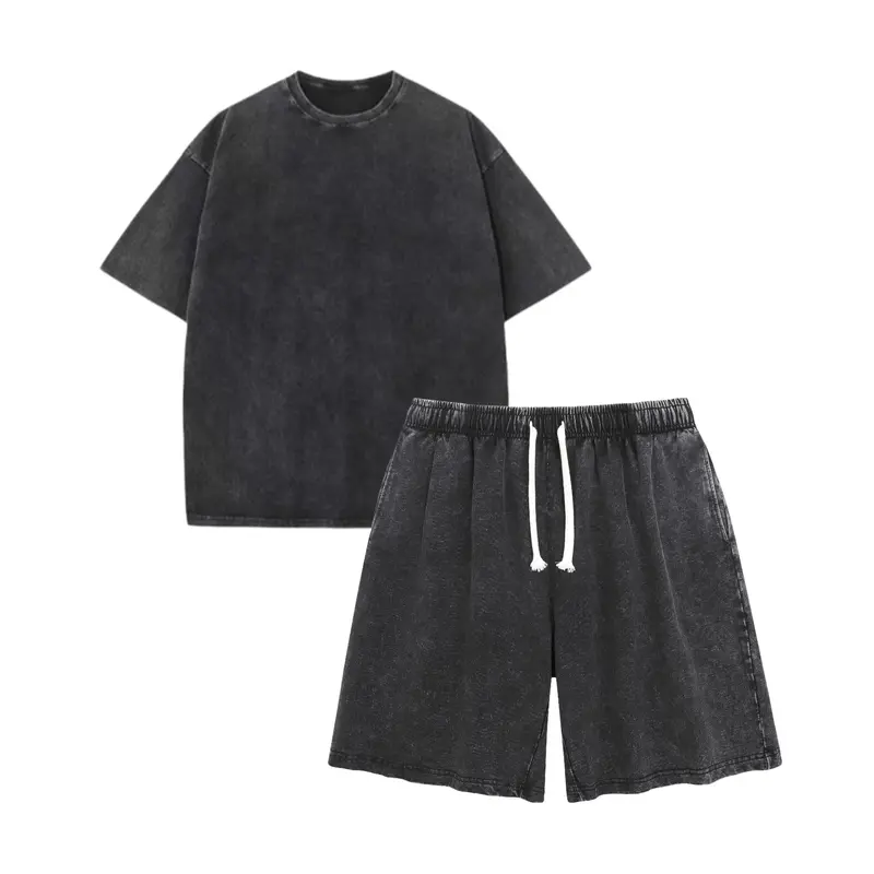 Unisex Vintage Acid Wash Oversized Tee & Drawstring Shorts 2-Piece Set, Soft Round Neck Shortsleeve Gender-Neutral Retro Y2K Grunge Streetwear, Breathable Cotton Distressed Plus Size Menswear Aesthetic Outfit for Summer, Limited Stock chill