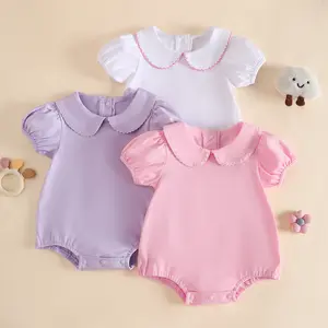 Imcute Infant Baby Girls Summer Romper Solid Color Short Sleeve Doll Collar Bubble Jumpsuit Streetwear 0-18 Months