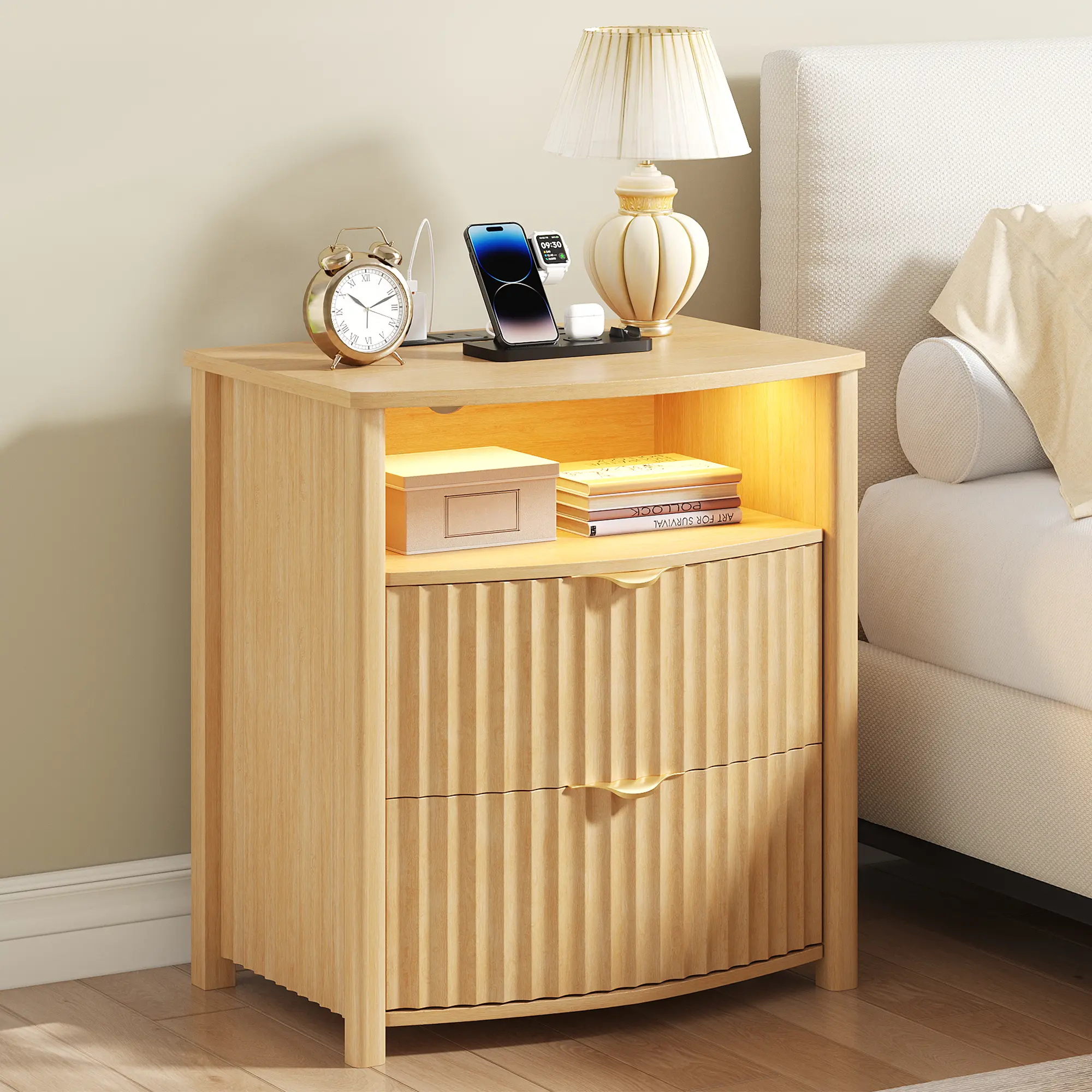 Dystler Fluted Particle Board Nightstand, 19.7" W Curved Top Smart Bedroom Bedside Table with 2 Drawers, Gun Drawer Card-Lock, Charging Station, 3-Color LED Lights & Self-Assembly Design, Fluted Panels