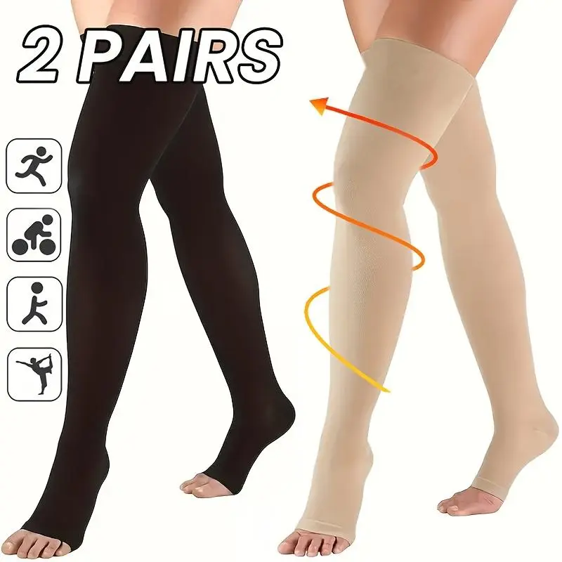 Women's & Men's 2-Pairs Open-Toe Ankle Knee Support Sports Socks, Thigh-High Compression Stockings for Running, Cycling