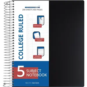 5 Subject Spiral Notebook, 1 Pack, College Ruled, 9 x 11 in, 200 Sheets, Poly Cover, 3-Hole Punched with Dividers and Pockets for Classroom Study, Black