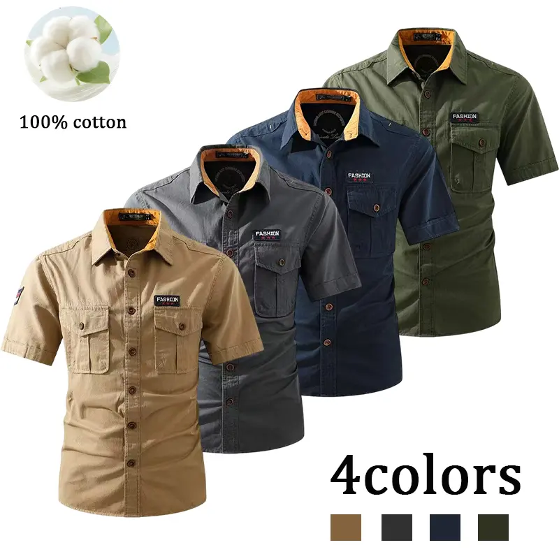 Men’s workwear pure cotton short-sleeve shirt with multiple pockets—lightweight and breathable for comfortable summer outdoor casual wear; retro style, suitable for everyday wear and outdoor workwear.