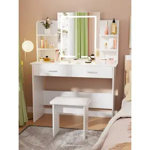 42.5 Inch Vanity Desk With LED Lighted Mirror, Makeup Vanity Table And Soft Stool Set, 3 Color Lighting Modes, 2 Drawers And 6 Open Storage Shelves For Bedroom Studio