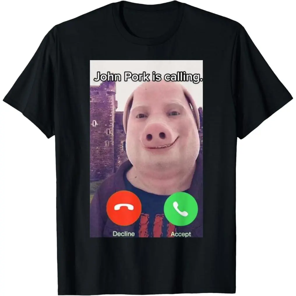 Streetwear Graphic T-Shirt with 'John Pork is Calling' Funny Meme Print, Unisex 100% Cotton Top, Breathable Short Sleeve, Tshirt, Shortsleeve, Casual, Classic, Fabric, Menswear, Round Neck