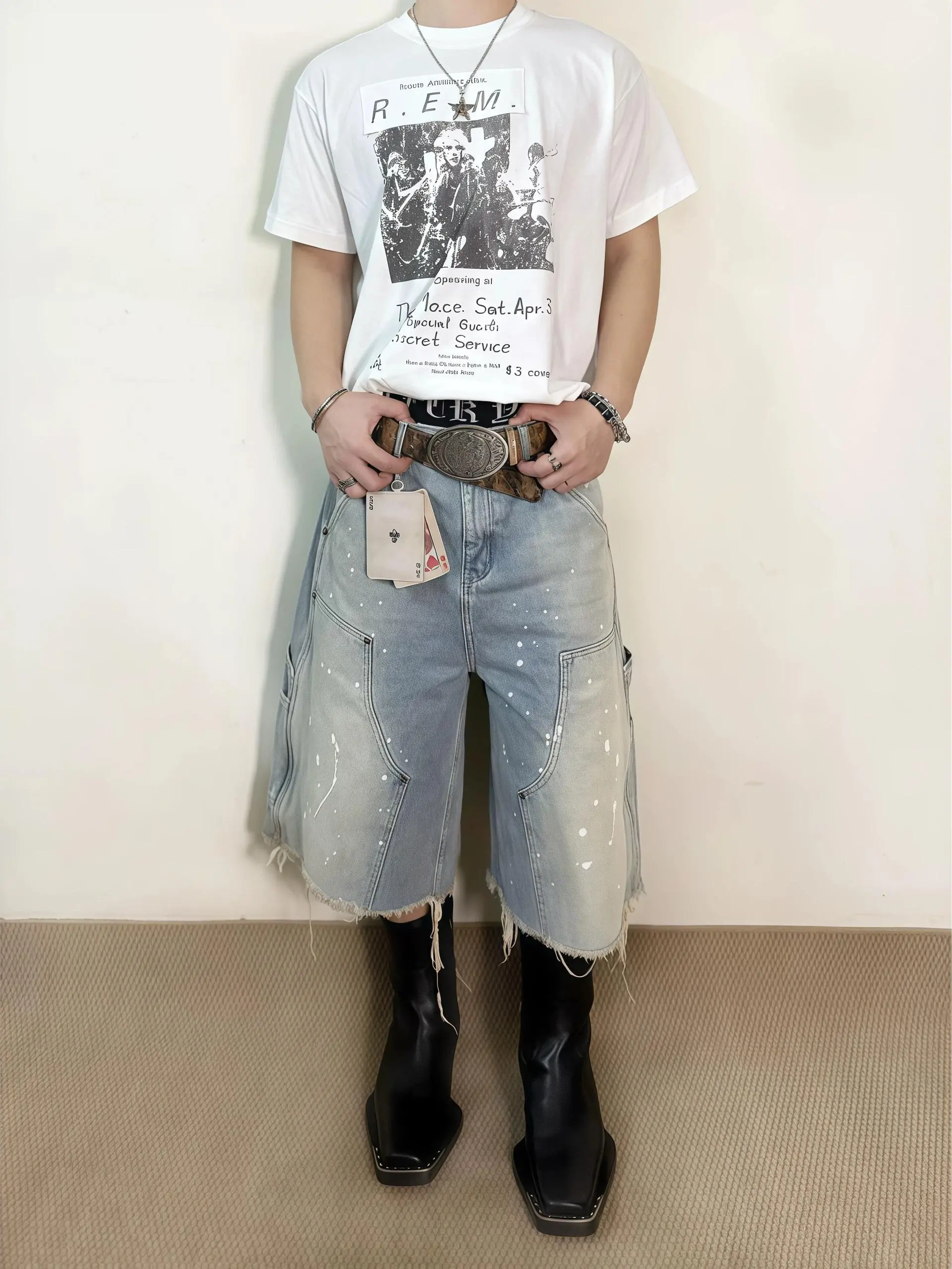 Y2K Baggy Denim Shorts for Men, Vintage Distressed Ripped Wide Leg Skater Jorts, Casual Streetwear Loose Fit Knee-Length Jean Shorts, Comfortable Cotton Denim for Summer