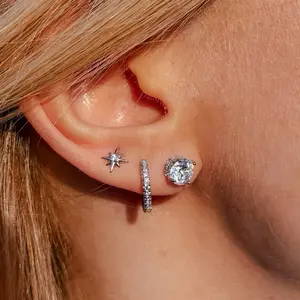 925 Sterling Silver CZ Earrings Set of 3 - Sterling Silver Studs, Classic Hoops, Minimal Jewelry Set for Women