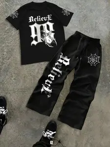 Unisex Spiderweb Print Sportswear Set, Loose Wide Leg Pants & T-Shirt, Gothic Vintage Font, Casual Fitted Suit, Spring & Fall
