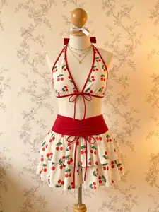 RETRO STAGE Red 1960s Cherry Print Tie-Front Layered Bikini Swimsuit Set - Layered Look, Polyester Blend, Removable Pads