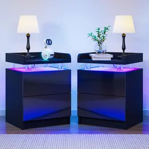 Oneinmil Nightstand Set of 2 with LED Lights Adjustable Lighting 2 Storage Drawers Modern Design Bedside Table for Bedroom 15IN Coffee Nursery