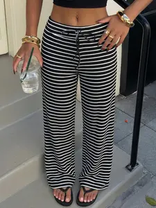 Women's Black White Striped Ribbed Drawstring Waist Wide Leg Pants, Y2K Streetwear Vintage Striped Loungewear Wide Leg Pants, Summer Casual Ribbed Striped Drawstring Pants, For Daily Wear, Street Style, Casual, Women's Retro Streetwear #springsaledeals202