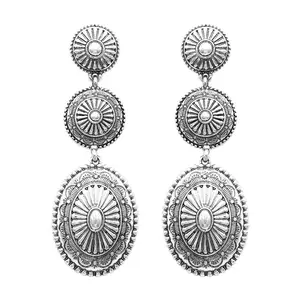 Classic Statement Western Style Triple Concho Long Dangle Earrings, 2.5" Silver Tone