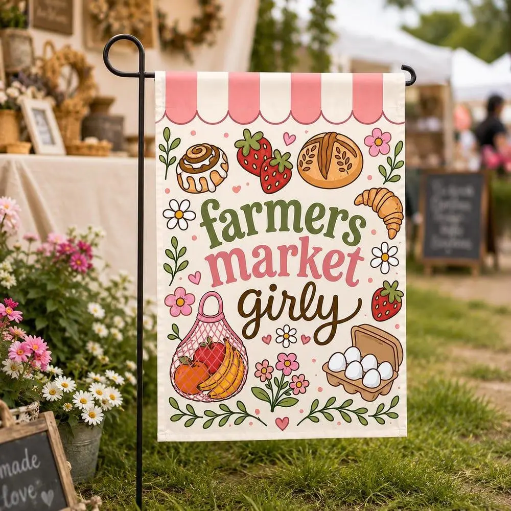 Cute Farmers Market Girly Garden Flag, Pink Cottagecore Garden Flag, Pink Summer Yard Flag, Local Foodie Girl Gift For Her