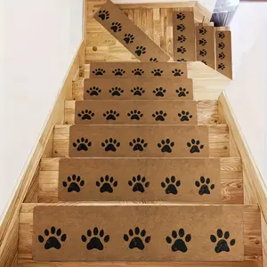 15pcs Paw Print Stair Treads, Non-Slip rubber Staircase Mats, Machine Washable Polyester & TPR Backing, Low Pile, Rectangular, Festive Christmas Home Decor Gift