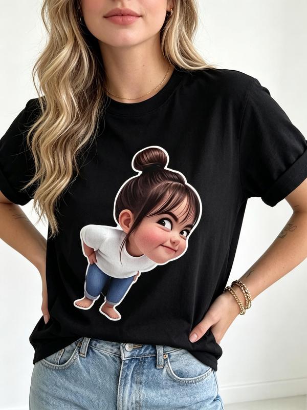 Women's Pure Cotton Cap Sleeve Short Sleeve Tops - Fitted Black Round Neck T-Shirt, Viral TikTok Trendy Sassy Chibi Girl High Bun Peeking Print, Breathable Casual Streetwear Beach Top, Cap Sleeve Women's T-Shirts