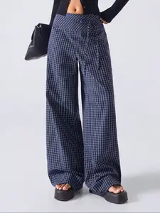 Women's Plaid Print Bow Front Wide Leg Pants, Casual Everyday Comfort Elastic Drawstring Waist Pocket Long Pants, All-Season Fashionable Ladies' Clothing