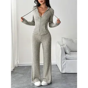 Lady's 2-Piece Longsleeves Knit Basic Solid Clothes Set, Polyester Blend Casual Hooded Zip-Up Jacket with Flared Ribbed Pants, Minimalist Women's Outfit