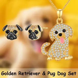 3 Pcs/Set Adorable Golden Retriever Pendant & Cute Pug Earrings Jewelry Set - Alloy Pet Lover Gift for Women Girls, Birthday Gifts, Anniversary Present, Friend Gift Idea