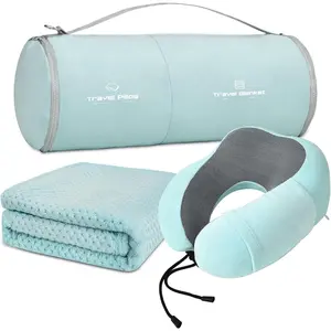 Travel Pillow and Blanket Set  Pillow Airplane Memory  for Traveling Compact with Bag Blue Green