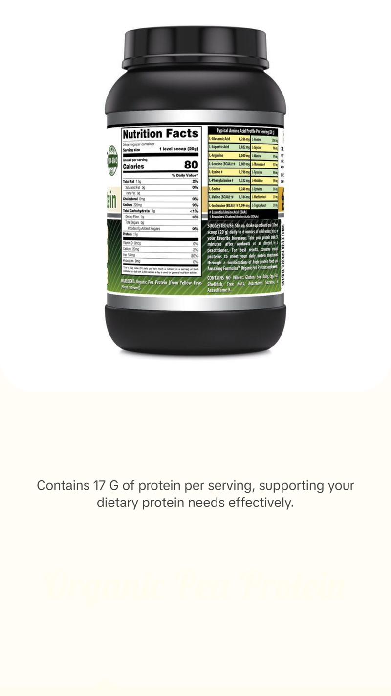 Amazing Formulas Unflavored Organic Pea Protein Supplement | 17 G Protein per Serving | 2 Lb (907 G) | Non-GMO | Gluten-Free | Made in USA