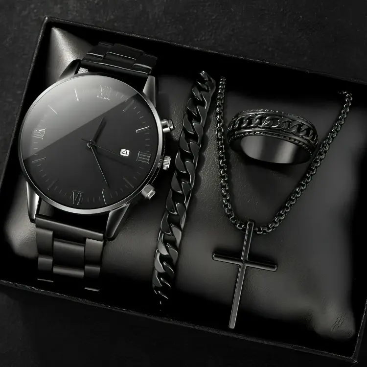 Luxury Men's Watch Set Roman Numeral Quartz Calendar Watch + Bracelet Necklace Jewelry Gift Box