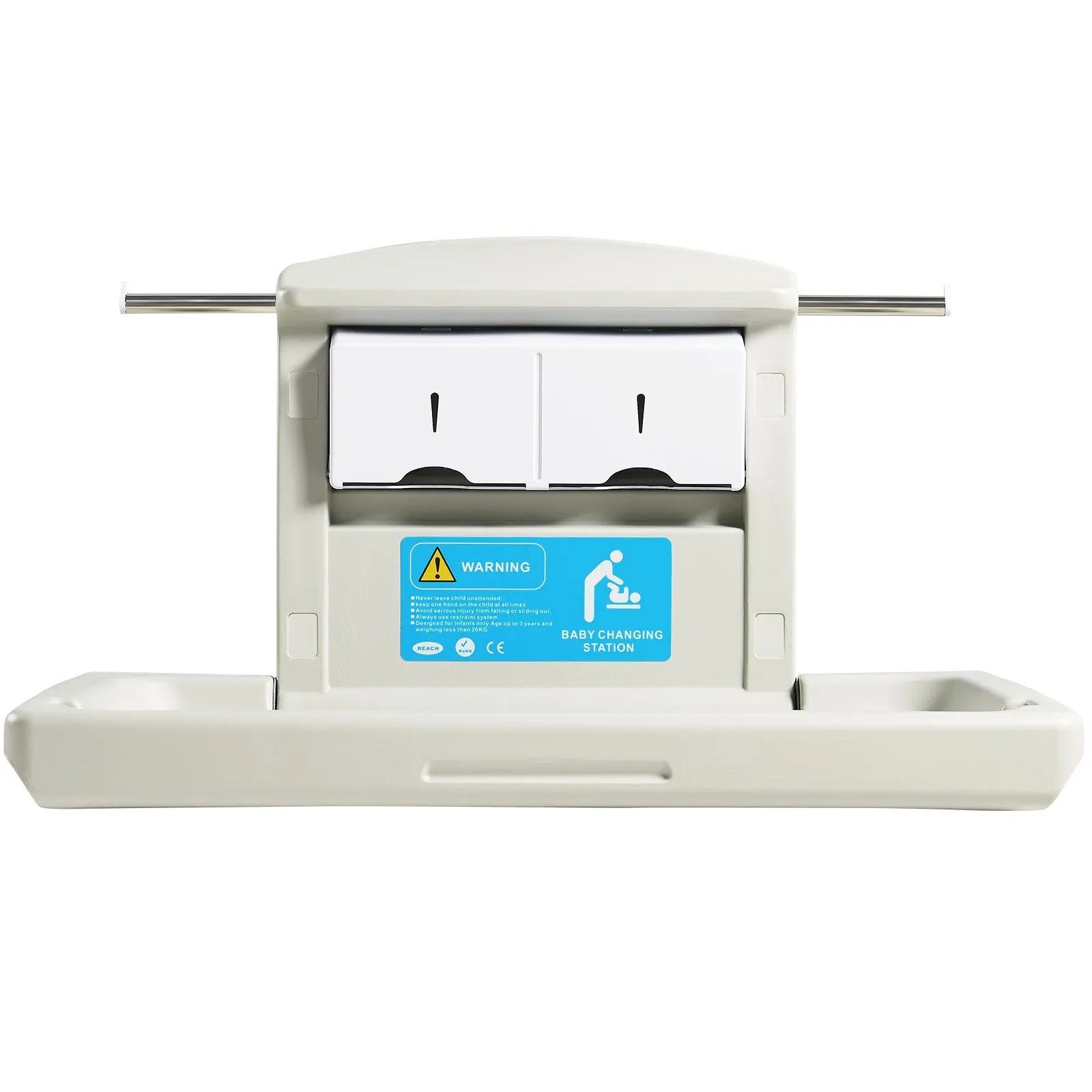 Wall-Mounted Foldable Plastic Baby Changing Station, Horizontal Diaper Change Table with Adjustable Straps, Integrated Cylinder & Hanging Rods for Commercial Bathrooms, Daycare Centers (Newborns, Infants)