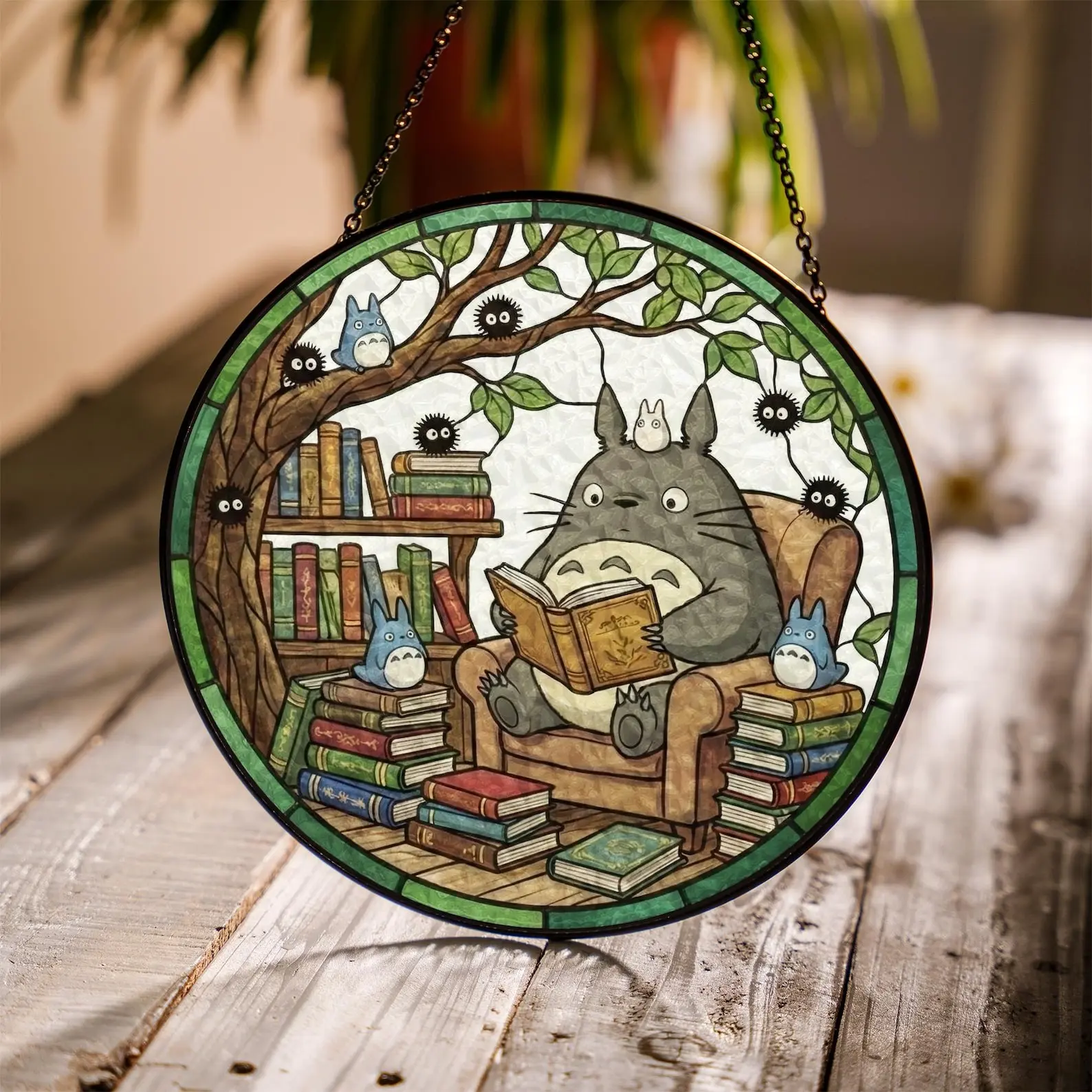 Studio Ghibli My Neighbor Totoro Stained Glass Suncatcher, Japanese Anime Character Reading Book Cozy Window Hanging Art Ornament, Aesthetic Whimsical Soot Sprite Gift
