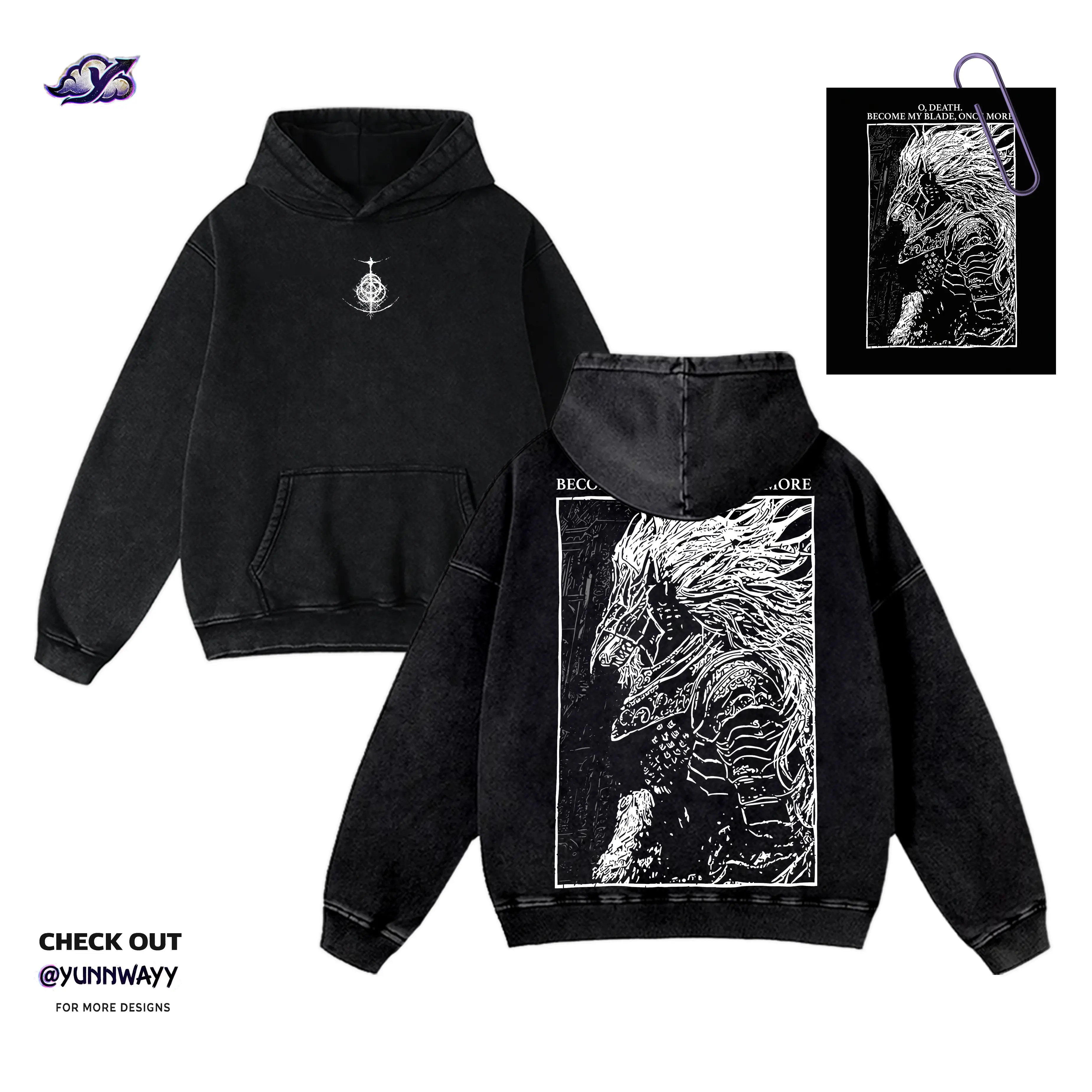 Maliketh Black Blade Dark Fantasy Game Washed Hoodie, Elden Ring Fans Merch, Vintage Unisex Y2K Streetwear Poster Metal Band, Action RPG Game Fans Merch Casual Tops Classic Cotton